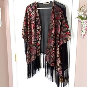 🌹 Vanilla Star Gorgeous Flocked Roses Kimono with Black Crocheted Fringe Lg 🌹